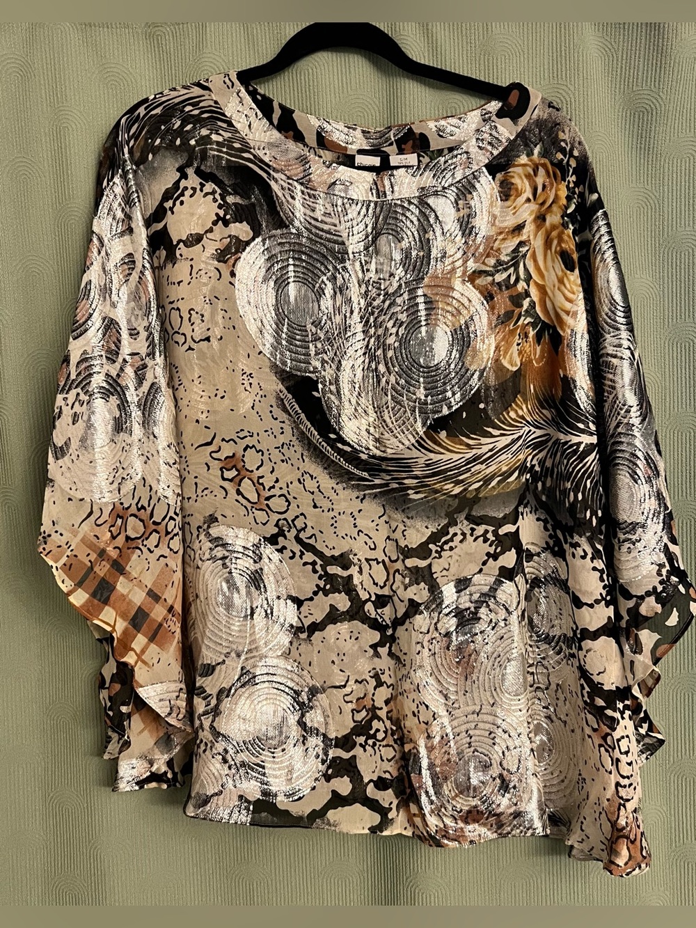 Chico's Abstract Floral-Print Silk Blouse in Beige, Black and Gold